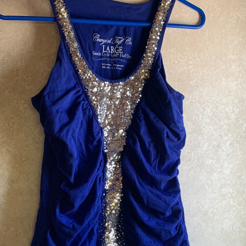 Royal Blue Sequin-Trim Tank Top with Rouching by Coygirl Tuff Co.